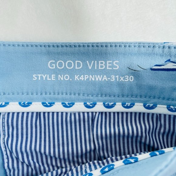 Mugsy Mens Waverunner Chino Pants 31x30 GOOD VIBES Light Blue Stretchy Jet Ski - Picture 8 of 9